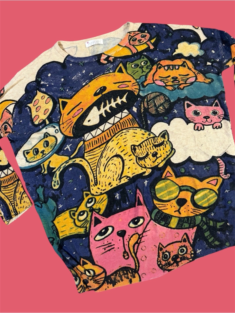 Vtg Purplish London colorful, patterned featuring a whimsical cat